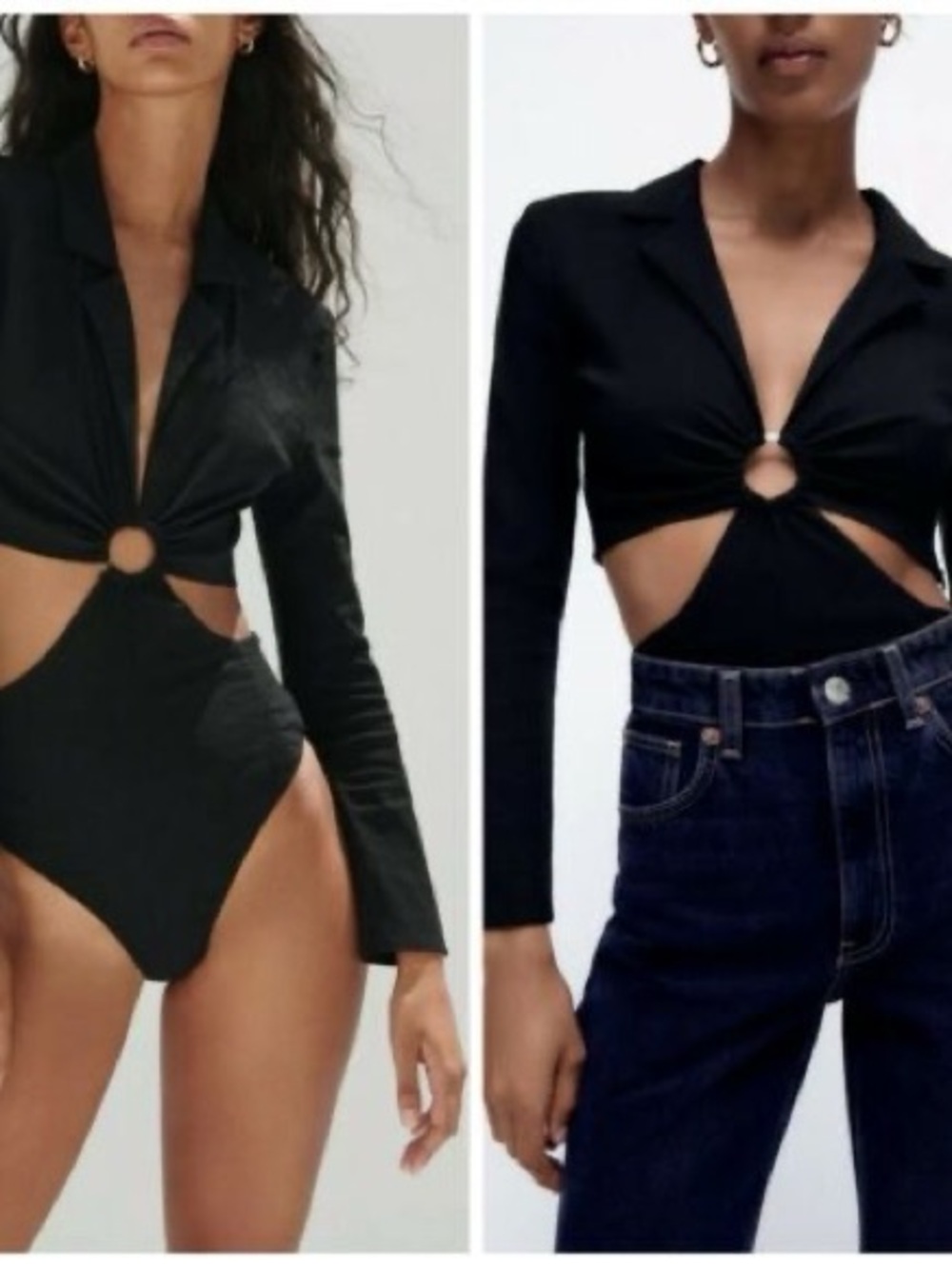 Zara Black Long-Sleeve Cutout Bodysuit with Ring Detail